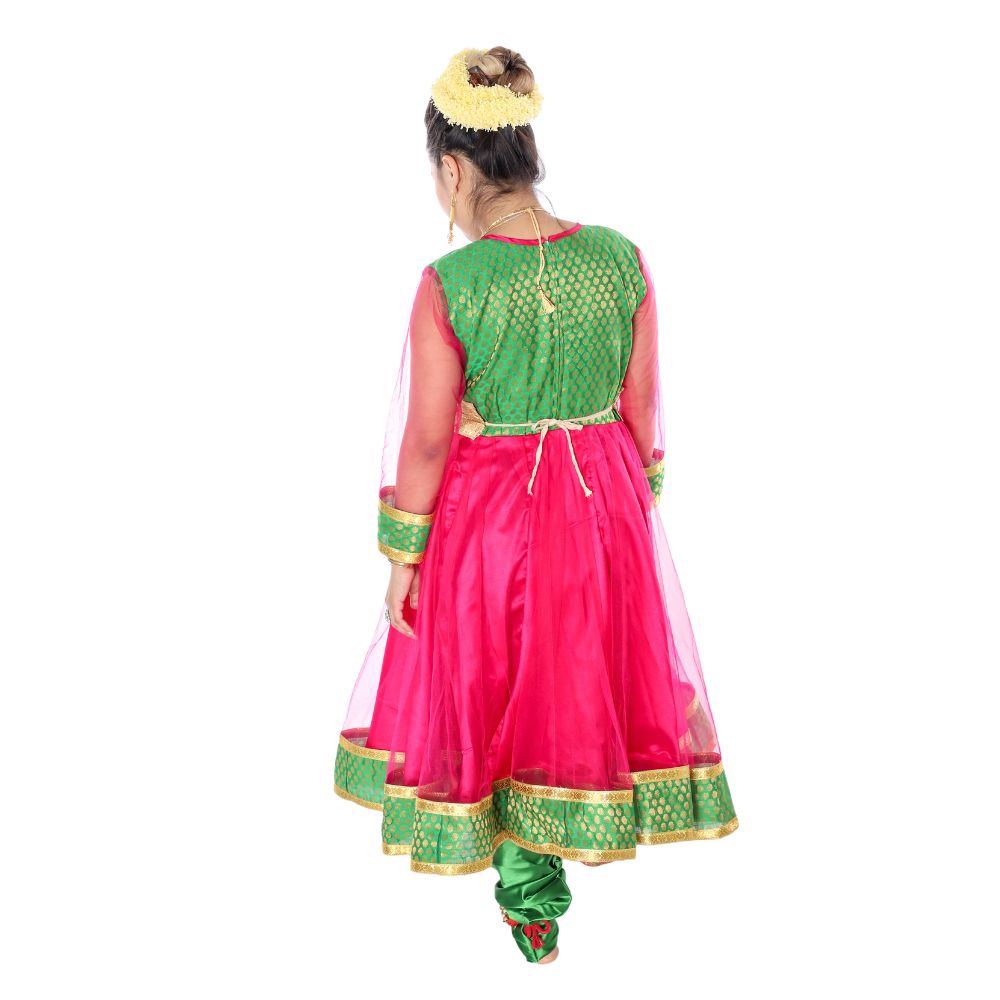 Kathak Dance Anarkali Style Costume Pink And Green